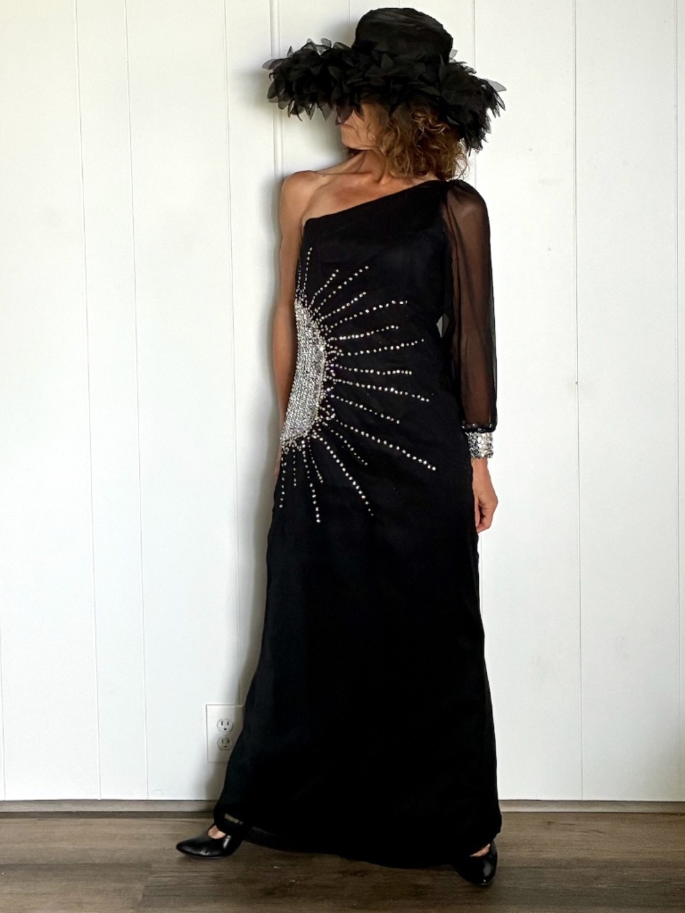 VTG 1970s One Shoulder Chiffon Maxi Dress w Sequin Sun Sz S M